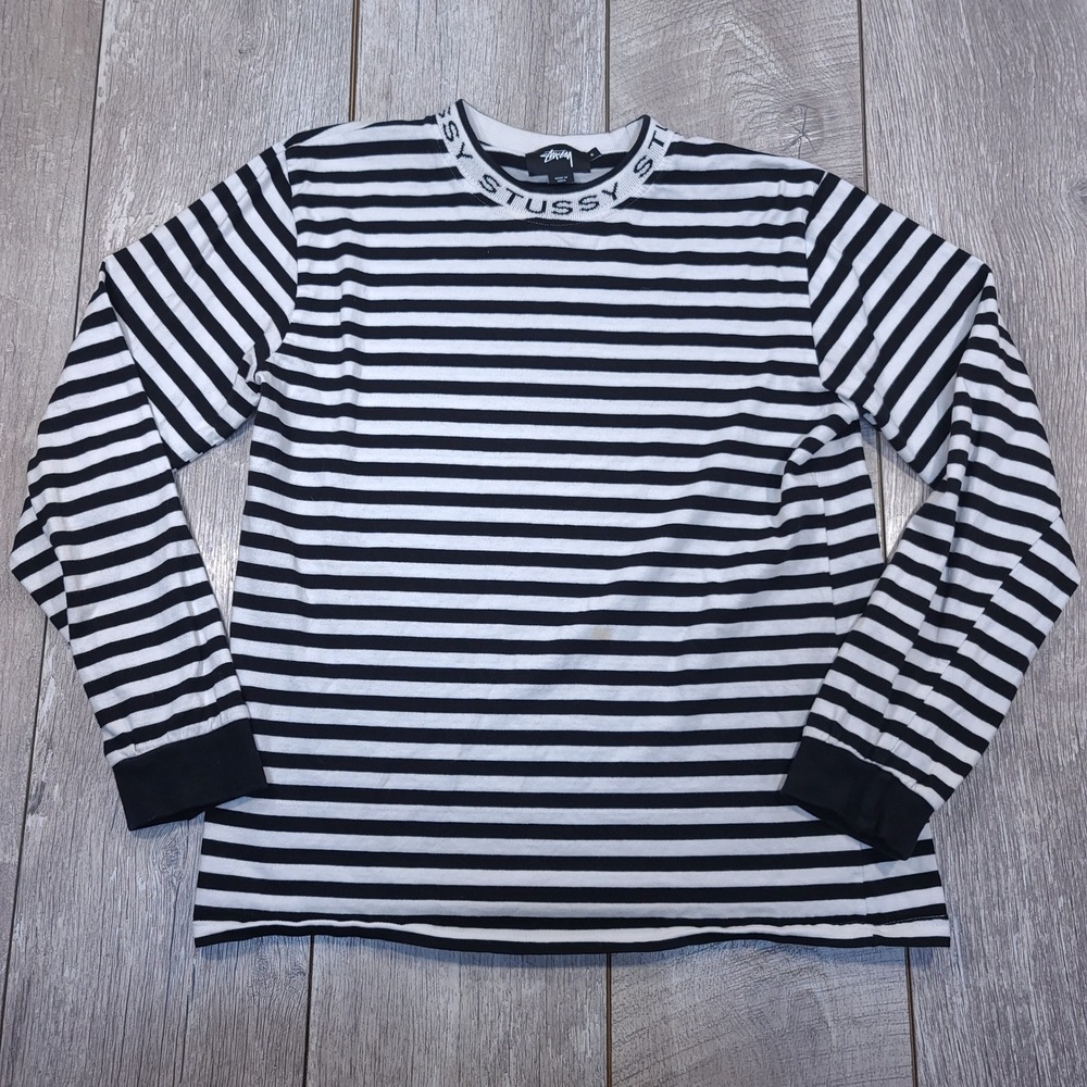 Stussy Long Sleeve T-Shirt Men Small Black White Striped Logo Mock Neck Jacquard